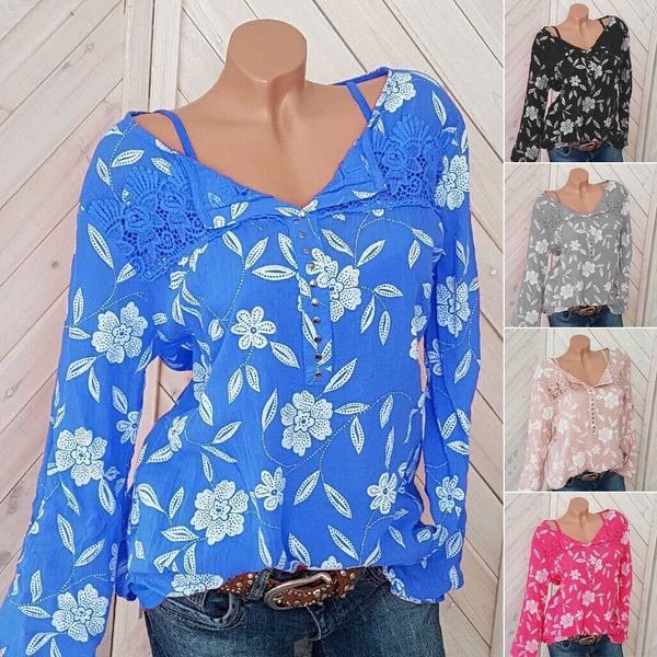 

women long sleeve floral tunic blouse casual loose lace v neck shirts plus size xxl, White