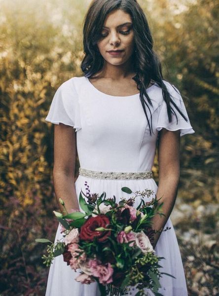 

белый шифон boho свадебные платья с коротким рукавом кристаллы бисероплетение пояс пляж свадьба чешский свадебные платья vestido де noiva, White