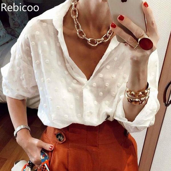 

new women autumn spring long sleeve blouse new white dot mesh button shirt fashion ladies v-neck blouse female blusas