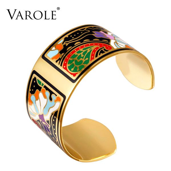 

varole fashion wide bracelet bangle color design pattern opening bracelet for women mother enamel gold bracelets jonc pulseras y19051101, Black
