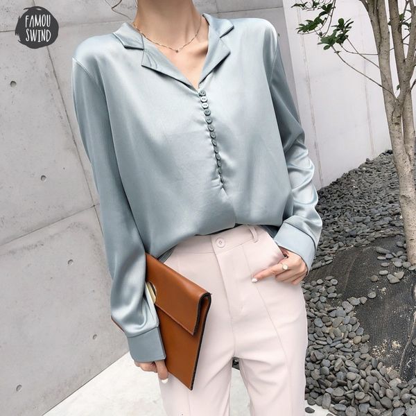 

satin vintage slik blouse v neck for women autumn shirts style v neck long sleeve blouse champagne green, White