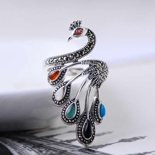 

solid pure s925 sterling silver ring women's peacock ring open size, Golden;silver