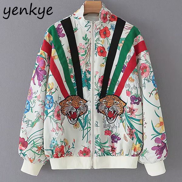 

women floral print tiger appliques bomber jacket female long sleeve stand collar casual autumn jacket plus size chaqueta mujer, Black;brown
