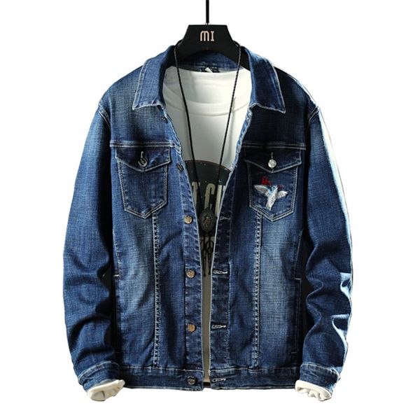 

back magpie embroidery men denim jackets jean jackets men cotton slim denim coats jacket plus size 5xl, Black;brown