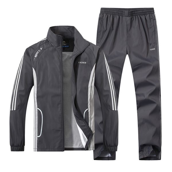 

men sportswear set 2020 new autumn spring men's tracksuit set striped jacket+pant 2 piece casual man suit male brand fashion, Gray