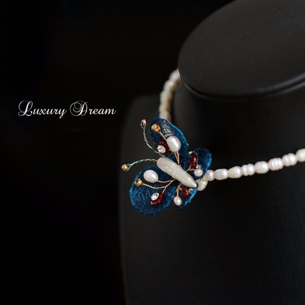 

weave blue butterfly necklace original design chocker necklace vintage woman natural pearl necklaces clavicle chain, Silver