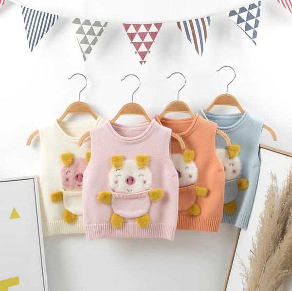 

wholesale 5pcs/lot cute little pig knitted vest sweater pocket cartoon children baby boys girl knitting vest sleeveless outwear, Blue
