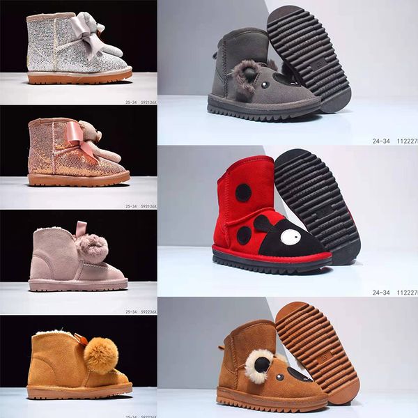 

2020 new designer boots australia girl kids shoes classic snow boots bowtie ankle short bow fur boot for winter chestnut kids boots 24-34, Black