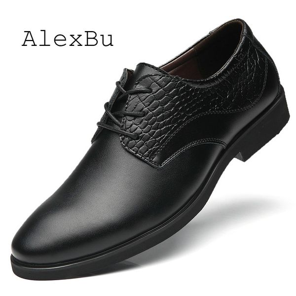 

alexbu fashion leather shoes men lace up new pointed toe formal business office wedding shoe man luxury designer dress shoes y200420, Black
