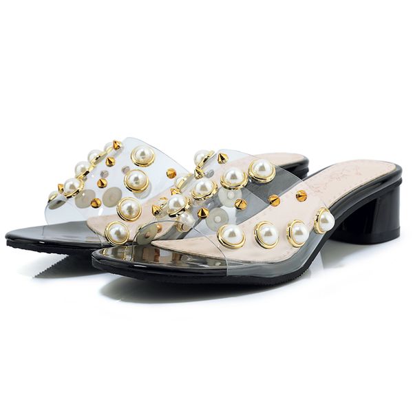 

women's fashion slippers transparent elegant beadings rivets women's shoes comfortable med heels block heels summer shoes, Black