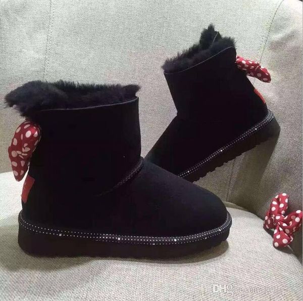 

2019 new winter women's girls children's snow boots australia ankle boots bow-knot real leather boots, Black