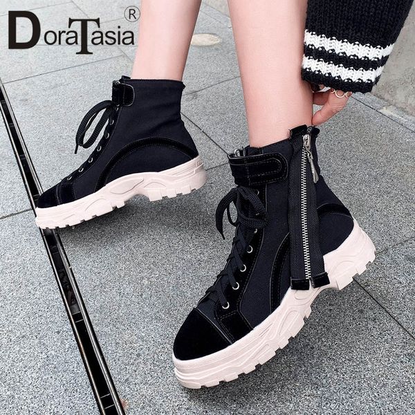 

doratasia plus size 29-46 new ins lace up booties lady wedges heels shoes woman zipper casual soft add fur ankle boots women, Black