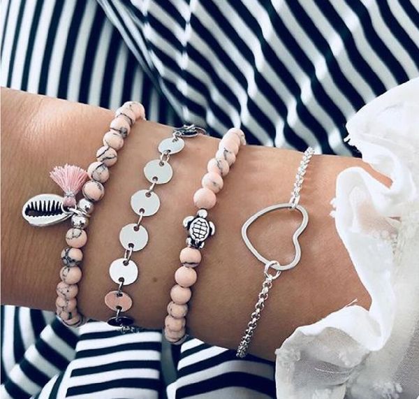 

4 pcs/set bohemia beads bracelets silver shell tassel love turtle waf bracelet for women party prom jewelery friendship gift, Black