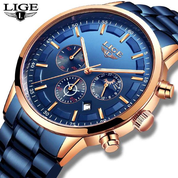 

lige new fashion mens watches stainless steel waterproof sports chronograph quartz watch men relogio masculino, Slivery;brown