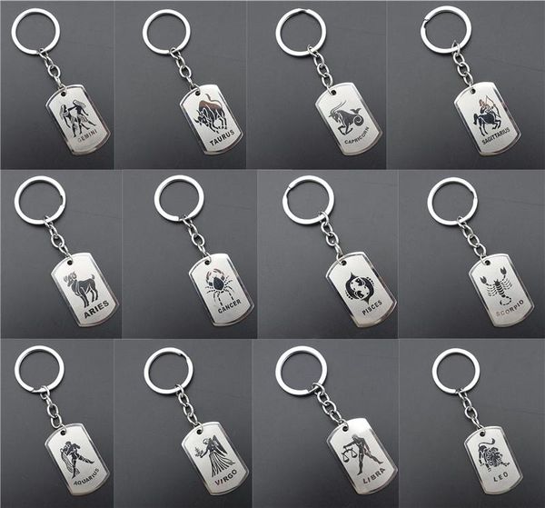 

stainless steel astrology zodiac sign dog tag keychain constellation horoscopes keyrings birthday gift key chain 12 pieces/lot assorted, Slivery;golden