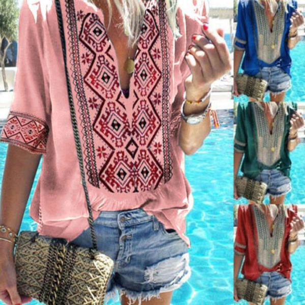 

summer casual women ladies t-shirts cotton short sleeve floral national style v-neck loose pullover size s/m/l/xl