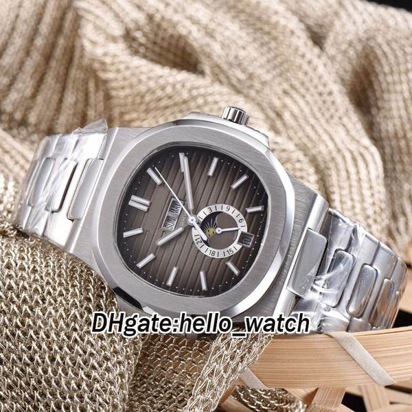 

new sport nautilus 5726/1a d-gray textured dial calendar moon phase automatic mens watch silver stainless steel band gents watches, Slivery;brown