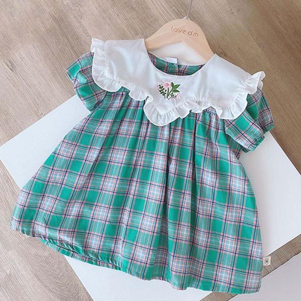 

amya baby summer girl dress flower embrodiery plaid peter pan collar children clothing boutique back to school girls dresses, Red;yellow