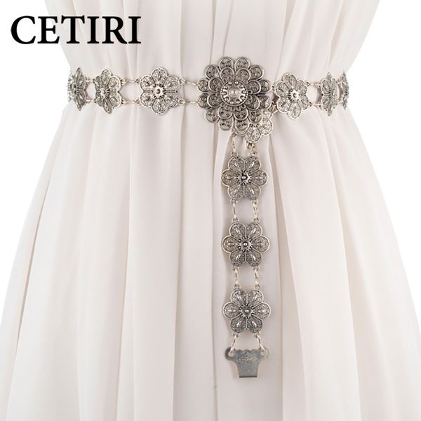 

cetiri 2018 новая мода пояса для женщин высокого качества металла цветок струна цепи талии ceinture фам на платье женщины пояса женщин, Black;brown
