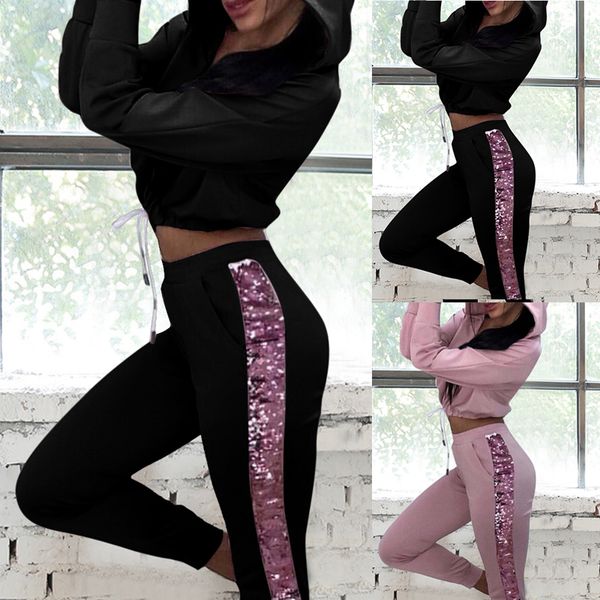 

sfit 2 piece women tracksuits long sleeve hoodie sweatshirt with fitness leggings 2020 female casual sport suit yoga set, White;red
