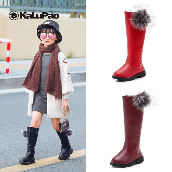 

2019 autumn winter children' boots fashion hairball knee high boots for kids slip on rubber girls leather black wine red, Black;grey