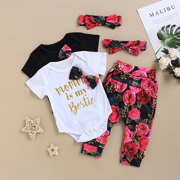 

3шт/комплект девочки-младенцы цветок бант ползунки+длинные брюки+повязка на голову костюм лето симпатичные письмо печать одежда комплект дев, White