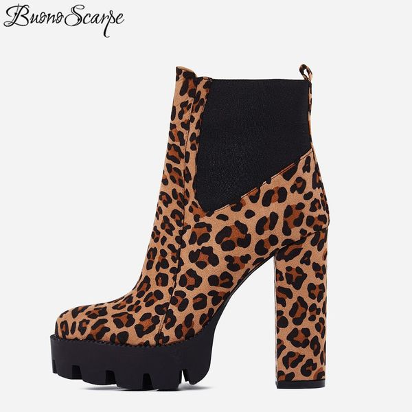 

buono scarpe leopard print ankle boots fashion women's shoes spring autumn 2019 round toe chunky heels 12cm zipper boots new, Black