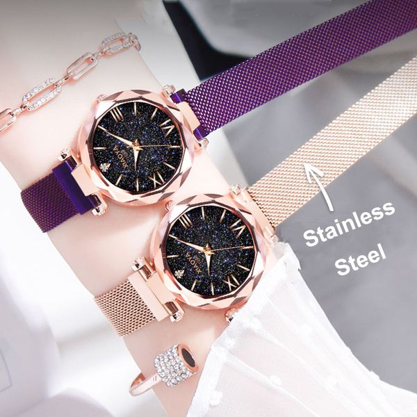 

starry sky watch women crystal watch quartz clock stainless steel wristwatch dress ladies purple, Slivery;brown