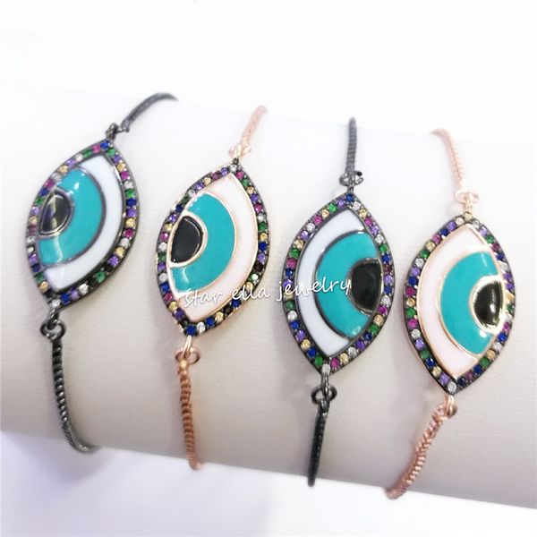

10pcs/lot 2019 new jewelry rainbow cubic zirconia oil drop turkey evil eye link chain bracelet adjustable rainbow jewelry, Black