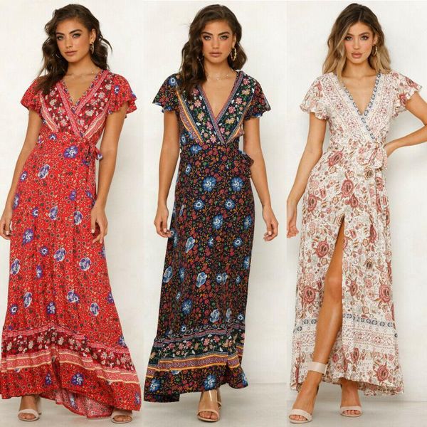

женщины boho цветочные длинные платья макси дамы вечерние праздничные пляжные платья летние макси сарафан, Black;gray