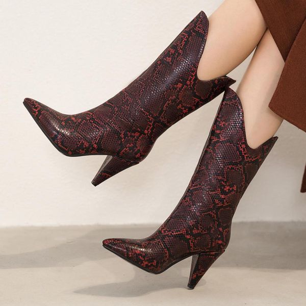 Heißer Verkauf-Snake Print Mid-Calf Stiefel Frauen Spitz Cowboy Stiefel Frau Western Kurze 2020 Winter Schuhe Frau Braun weiß Rot