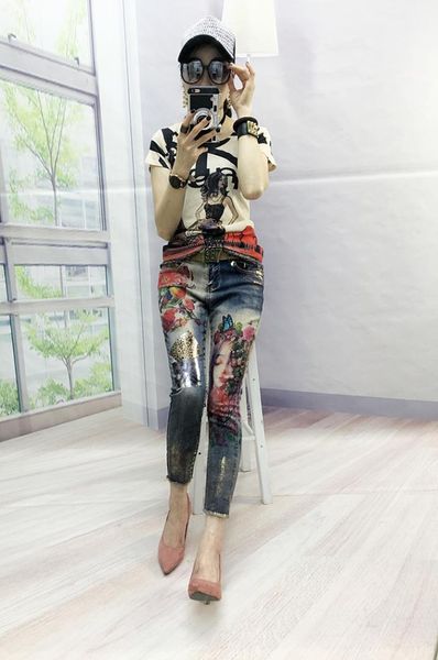 

women designer jeans skinny leopard print pretty girl pattern capris jeans british style females pencil pants summer, Blue