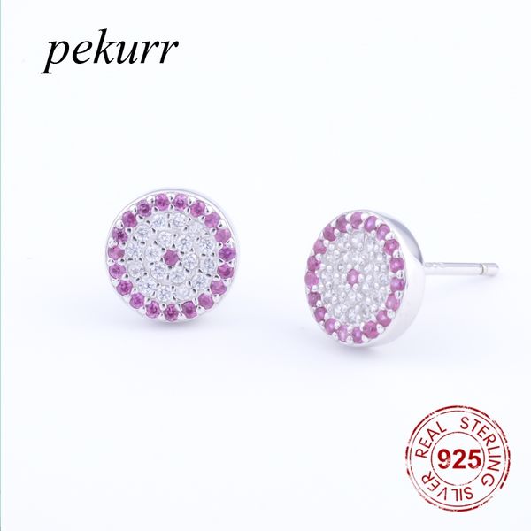 

pekurr 925 sterling silver round circle zircon pink blue point evil eyes stud earrings for women jewelry with stones girls gifts, Golden;silver