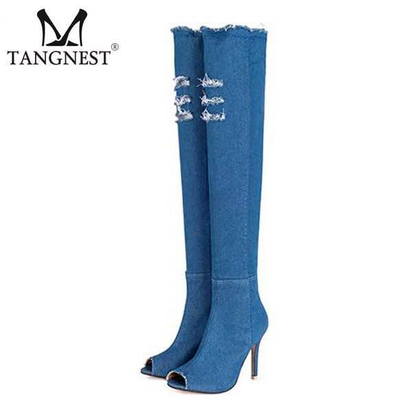 

tangnest vintage denim over-the-knee boots for women thin high heels shoes peep toe jeans boots woman size 35~41 xwx5909, Black