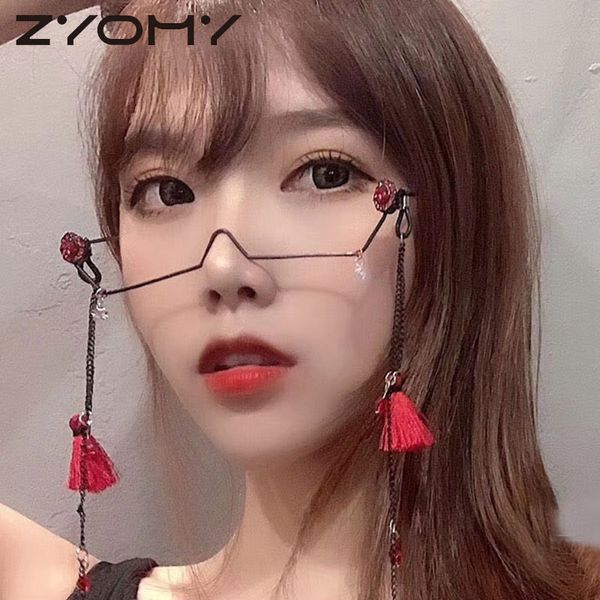

luxury crystal pendant decoration half frame eyeglasses no chain women vintage glasses alloy no lens girls diamond glasses, Black