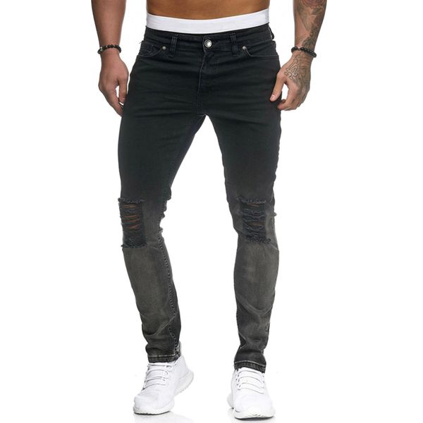 

new men stretchy ripped skinny jeans distressed frayed holes slim fit biker trousers men male slim pencil jeans streetwear, Blue