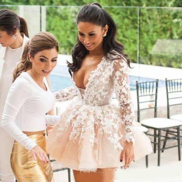 

v neck short mini homecoming dresses 2020 long sleeve lace applique short prom dress formal party evening gowns, Blue;pink