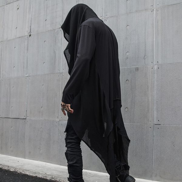 

2019 spring summer new chao men's long open shirt and t-shirt performing dresses men's hairstylist's thin windshirt cape, Tan;black