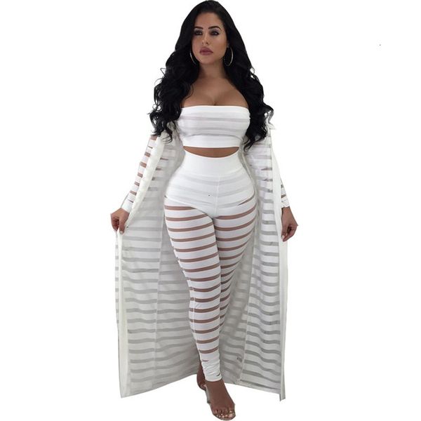 

short hollow out 3 pieces set womens strapless crop sheer stripe mesh pants long cardigan set plus size club outfits, White