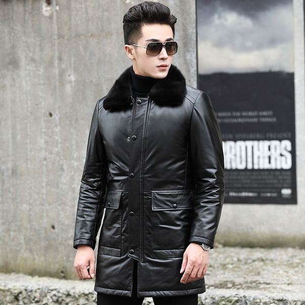 

men's leather & faux duck men down cow winter coat real collar genuine mens jacket sy67n yy222, Black