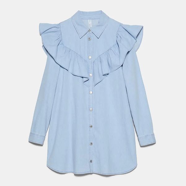 

klacwaya women 2020 sweet fashion lapel collar long sleeve female shirts office wear ruffles denim blouses blusas chic, White