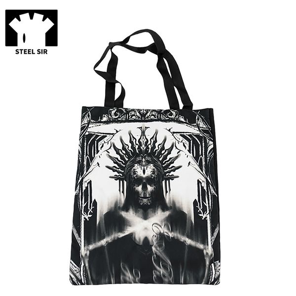 

stellsir punk fashion canvas shoulder bag black printed shopping hand bag casual