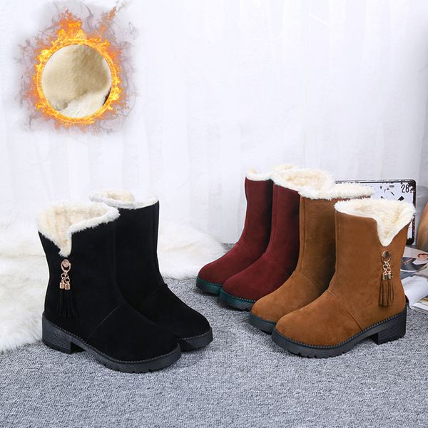 

fashion leisure large size winter boots women winter slip-on square med heels short boots shoes suede fringe women, Black