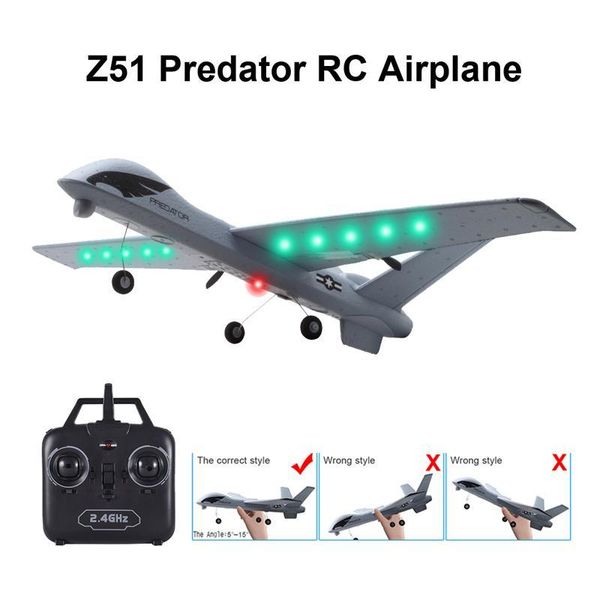 

rc airplane plane z51 20 minutes fligt time gliders 2.4g flying model with led hand throwing wingspan foam plane toys kids gifts y200317