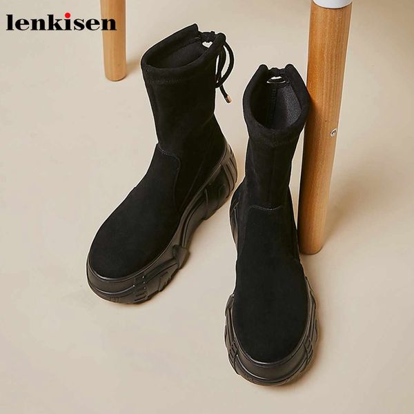 

lenkisen sheep suede high heels round toe thick bottom waterproof preppy style young lady winter women keep warm ankle boots l23, Black