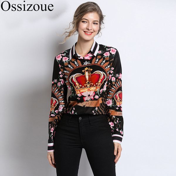 

runway designer plus size blouses 2019 spring summer women's long sleeve vintage chiffon flower crown print shirt fashion, White