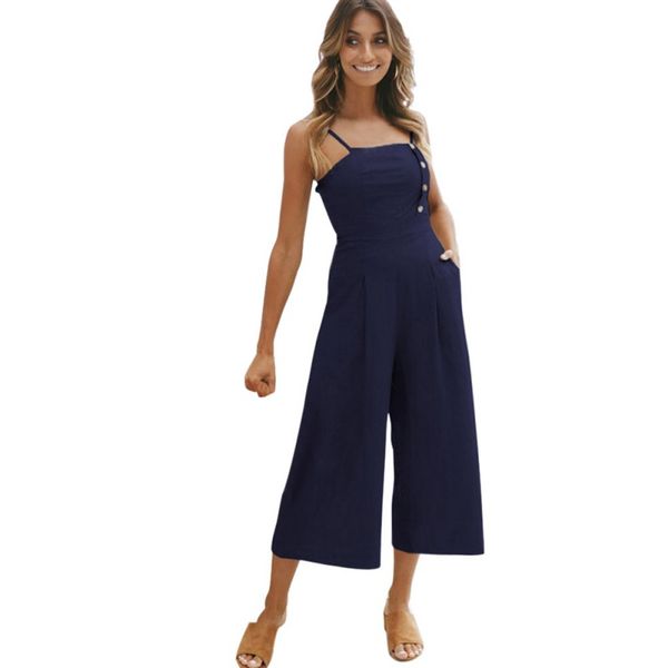 

women backless sleeveless fashion button casual women jumpsuits wide long pants jumpsuit rompers, Black;white