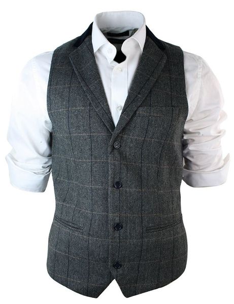 

gray plaid groom vests england style wool wedding waistcoat regular fit single breasted men vests for business, Black