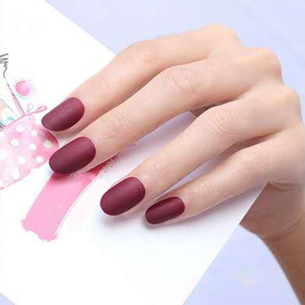 

2019 new fashion 24pcs women false nails tips diy solid color matte frosted round false nails, Red;gold