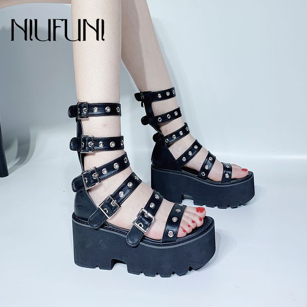 

черный клин платформа гладиатор заклепки женские сандалии сексуальная молния пряжка высокие каблуки партия свадьба римская обувь для женщин, Black